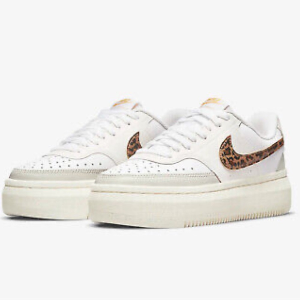 Nike White Platform Sneakers with Leopard Swoosh